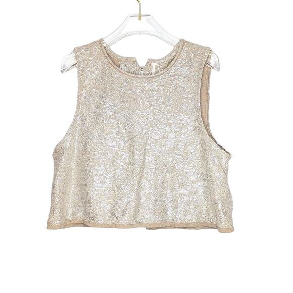 Free People Silver Metallic Sleeveless Cropped Tank Top Split Button Back Size S - Picture 1 of 7